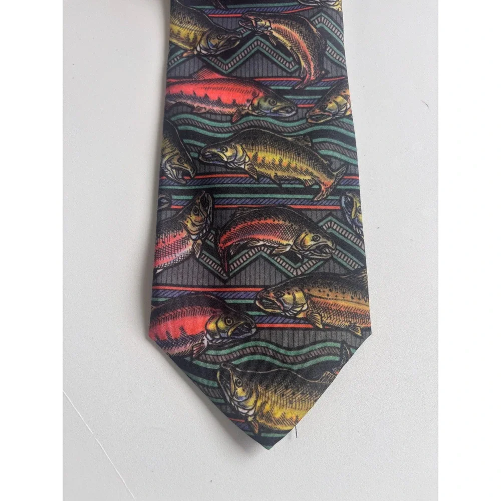 Dem Crazy Necktie Mens OS Multicolor Excellent Native Salmon Fish Print 1999 USA